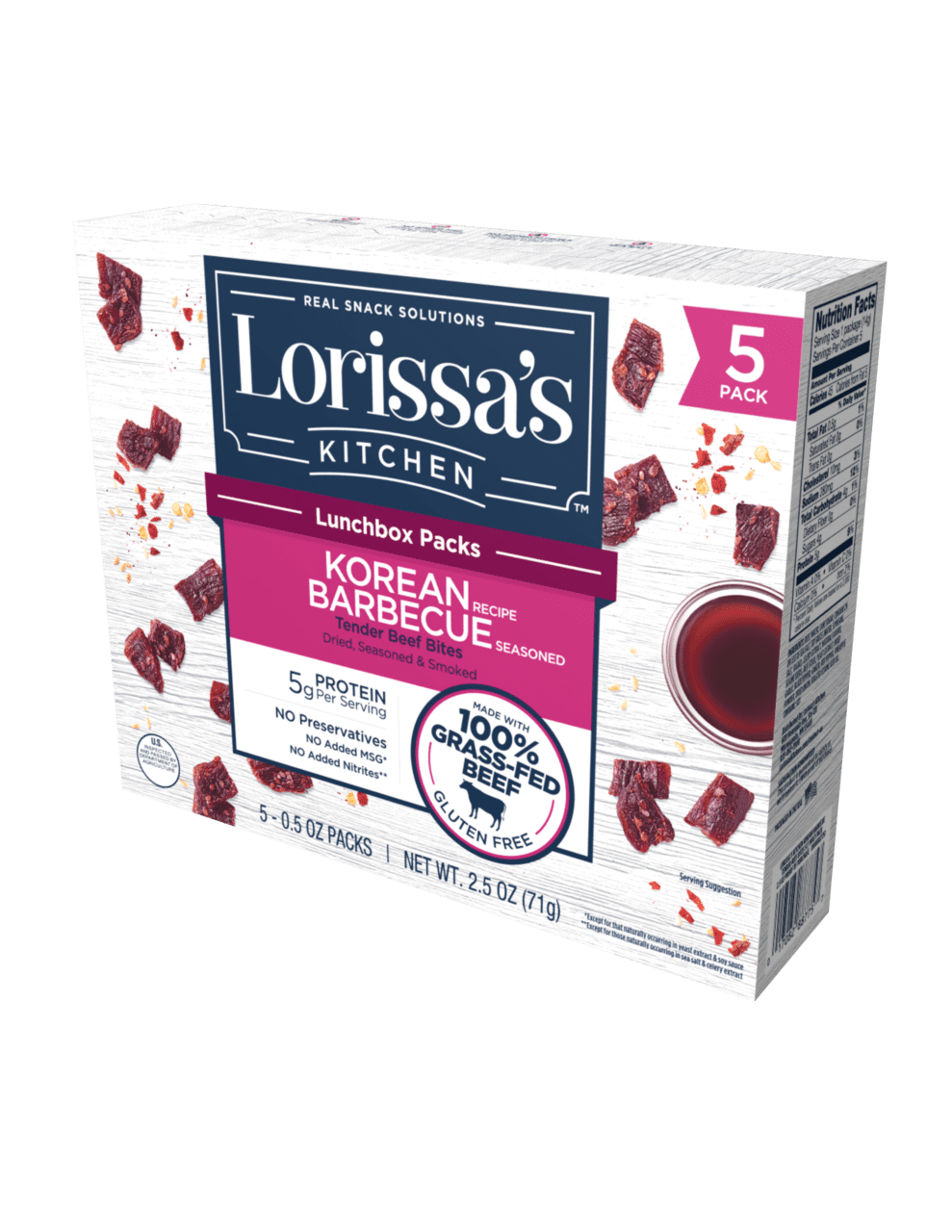 Lorissa's Kitchen Beef Bites, Korean Barbecue. Meat Snack Packs, 5ct 0.5oz