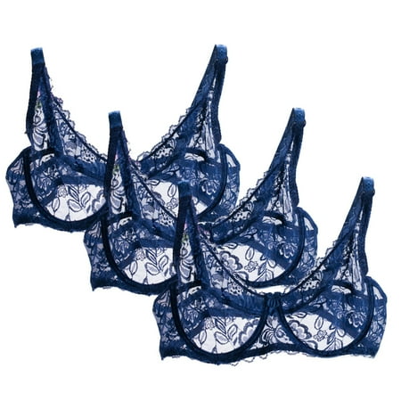 Huvoen Women s 3pc Lace Sheer Bra Unlined Minimizers Underwire Full Coverages Lingerie Bras Having Steel Rings Navy xl