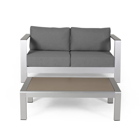 Rashad Outdoor Aluminum Loveseat and Coffee Table Set with Cushions, Silver and Gray