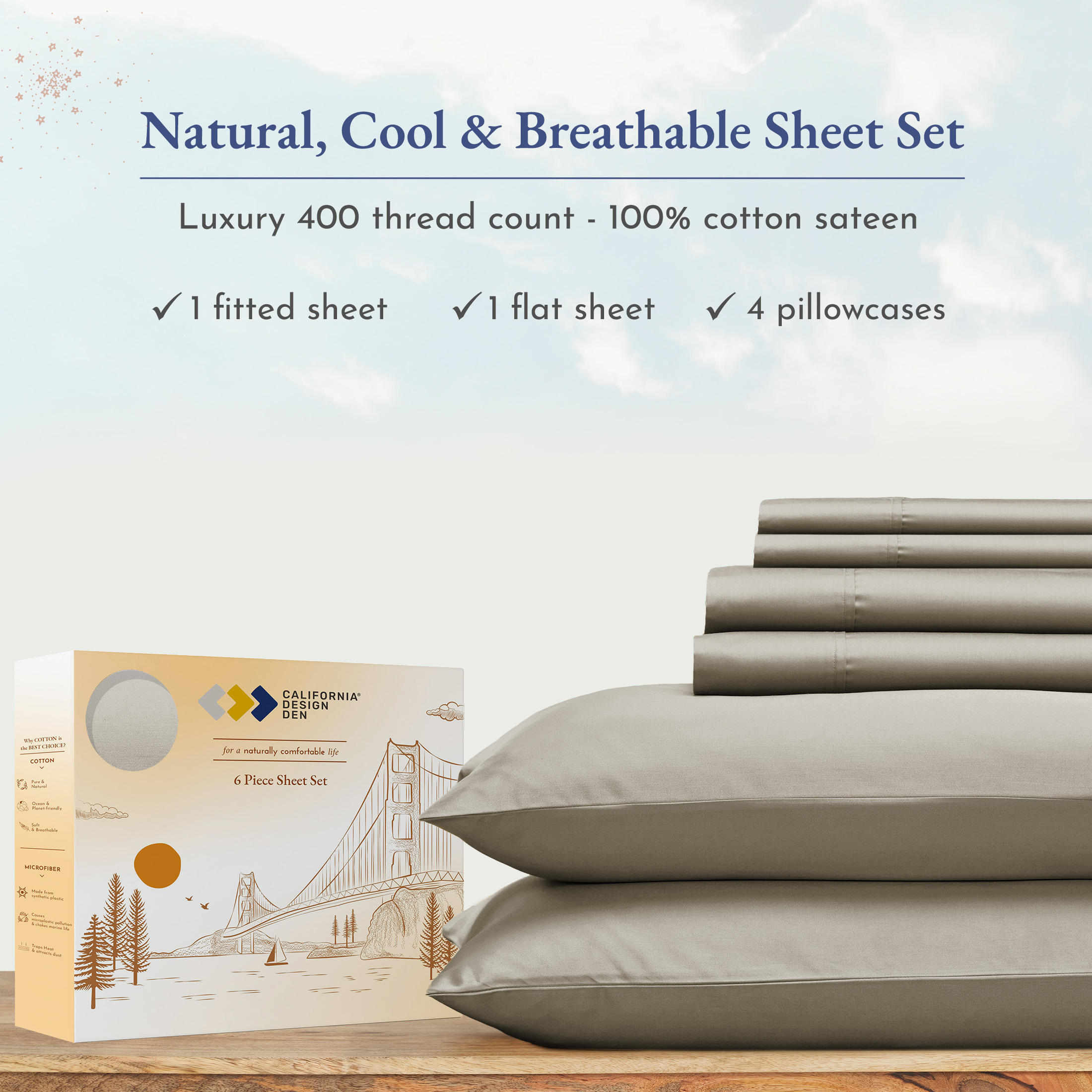 California Design Den 400 Thread Count Cotton Sateen Weave Full Sheet Set - 6 Pcs, Taupe - image 4 of 9