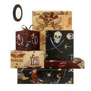 Pirate Wrapping Paper PresNok for Boys Girls Kids, Pirates Pirate Ship Island Parrot Gift Wrap 6 Sheets, 20x28inches Per Sheet with 1 Roll Brown Ribbon For Pirate Themed Birthday Party Supplies