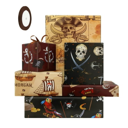 Pirate Wrapping Paper PresNok for Boys Girls Kids, Pirates Pirate Ship Island Parrot Gift Wrap 6 Sheets, 20x28inches Per Sheet with 1 Roll Brown Ribbon For Pirate Themed Birthday Party Supplies