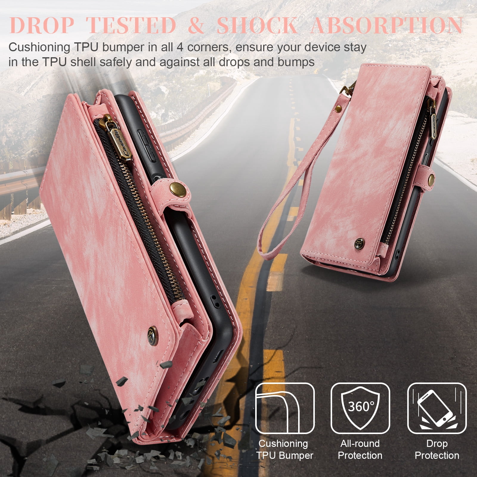 for Samsung Galaxy A16 5G/4G Premium PU Leather Folding Case, Multiple Card Slots Design, Wrist Strap Zipper Pocket Kickstand Magnetic Snap, Wireless Charging for Samsung Galaxy A16 5G/4G, Pink
