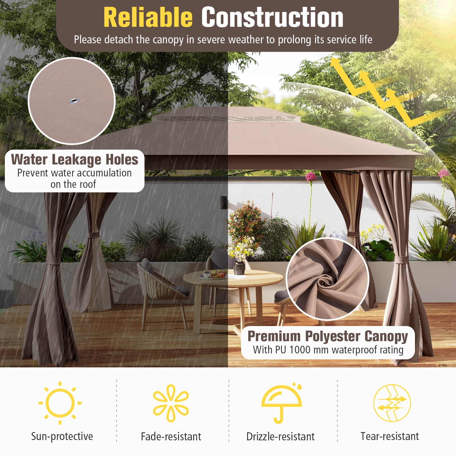 Costway 10 X 13 FT Patio Gazebo, Outdoor Double-Roof Canopy Tent with Mesh Netting Coffee