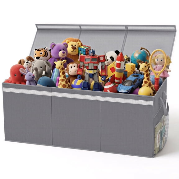 Lewondr Extra Large Toy Box, 160L Toy Storage Organizer with Lid & 3 Dividers, Collapsible Storage Bins Toy Chest for Boys Girls, Living Room, Nursery, Playroom, Grey