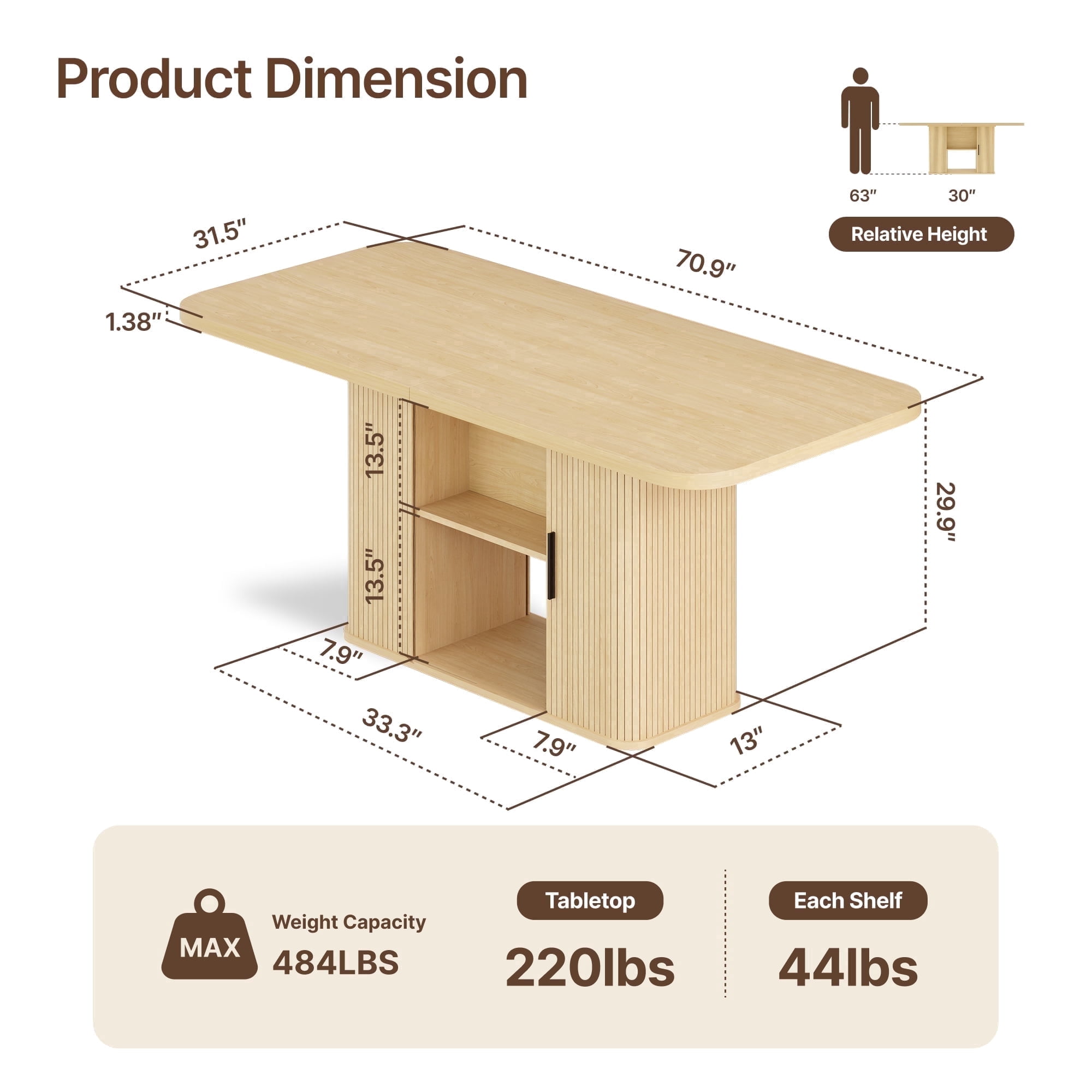 SUNCOZE 70-Inch Dining Table with Storage Shelves, Scratch-Resistant 1.38" Thick Top, Wood  Finish, Multi-Use for Dining Room, Kitchen, Office (Seats 4-8)