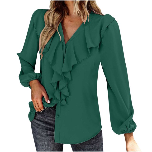 Tops Para Mujer Blusas de Manga Larga Temperamento Elegante Viento Color Sólido Plisado Cuello en V Cómoda Camisa Top Odeerbi ODB184429