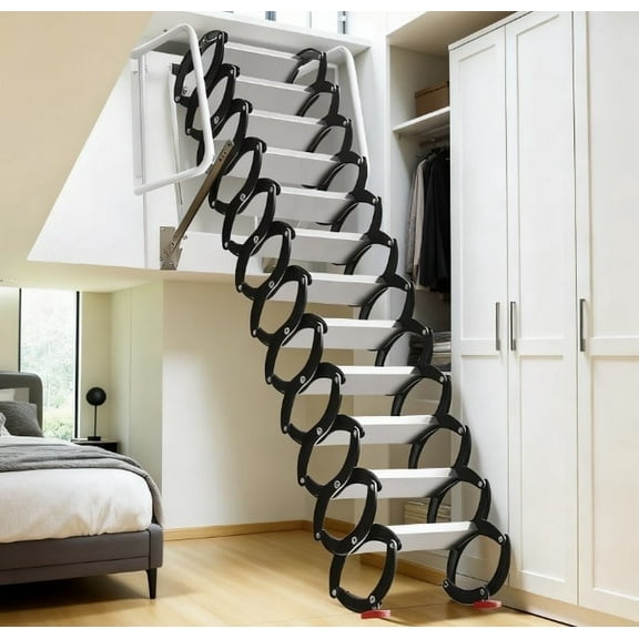 Aluminum Folding Attic Ladder, 12FT Wall Mounted Pull Down Loft Stair System, 12-Step Al-Mg Alloy Loft Ladder Pull Down Attic Stairs, 880 LBS Capacity Foldable Loft Stairs with Armrests