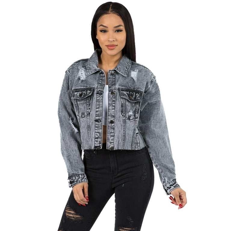 Love Moda Women's Denim Jeans Graphic Chain Crop Washed Jacket - 2X, Black #Rjk30044, Size: 2XL