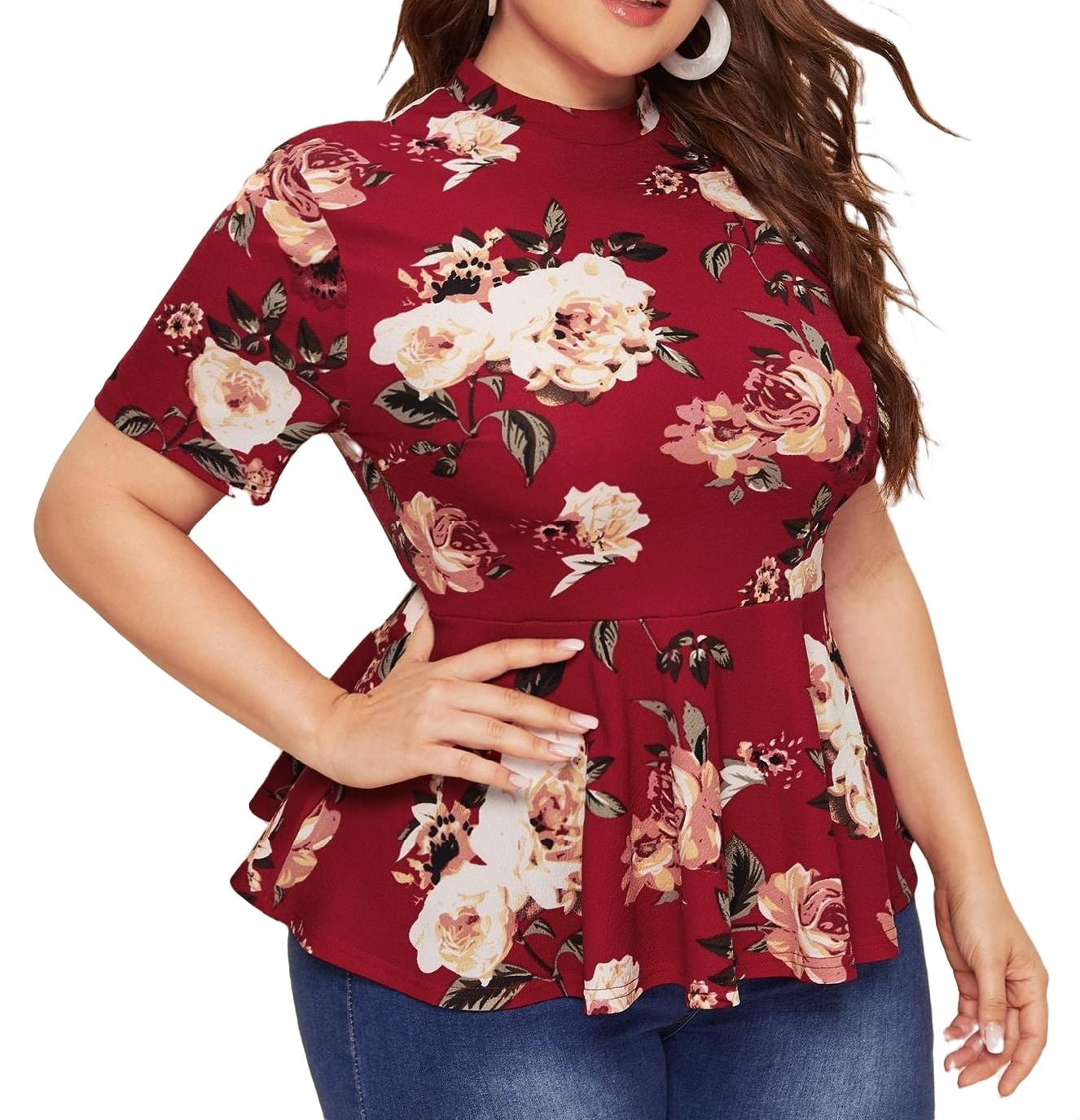 Elegant All Over Print Stand Collar Peplum Short Sleeve Multicolor Plus