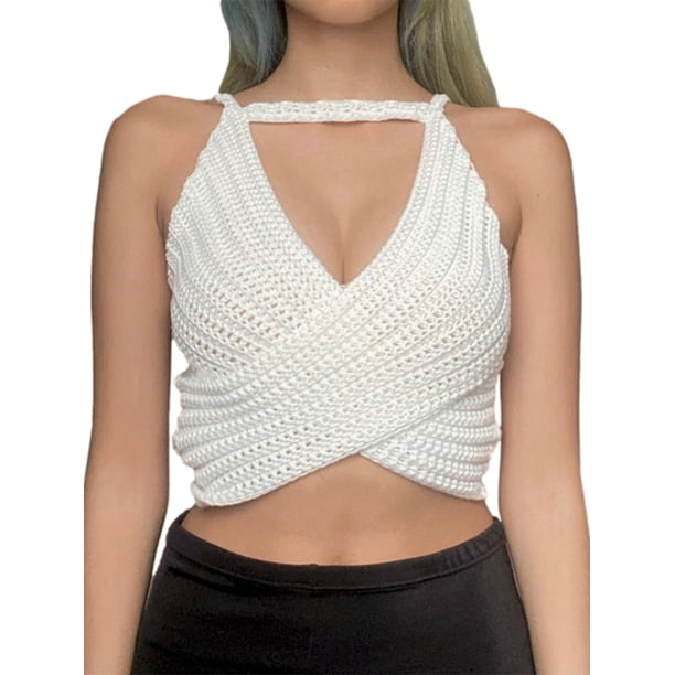 VISgogo Tops cortos para mujer, cuello halter, sin mangas, cruzado, cruzado, de color sólido, de punto, camiseta delgada para damas VISgogo moda