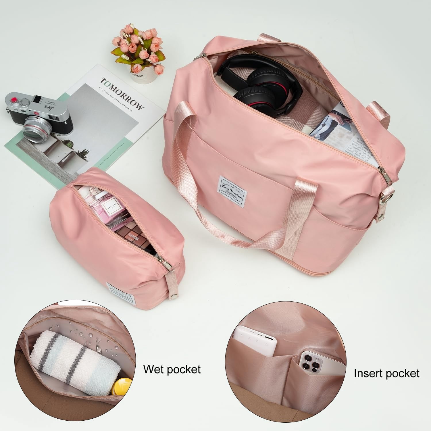 LONG VACATION 6 Piece ABS+PC Hardshell Luggage Set with Spinner Wheels, Lightweight suitcase set with TSA Lock & YKK Zipper, Pink