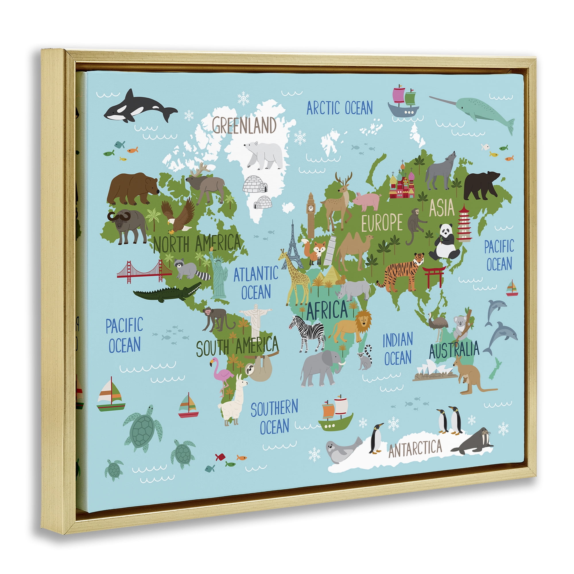 Stupell Industries Kid's Favorite Animals World Map Animals & Insects Painting Gold Floater Framed Canvas Art Print Wall Art, 31 x 25