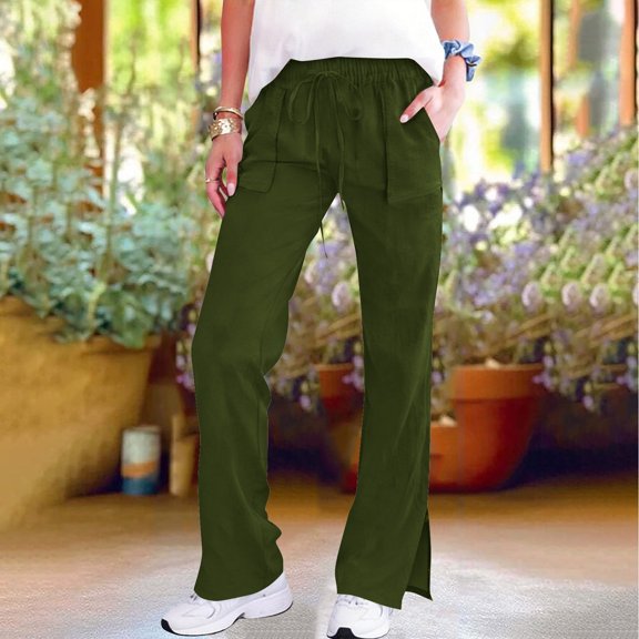 Juslio Linen Pants Women High Waist with Pockets Elastic Waist,Casual Linen Straight Leg Pants L