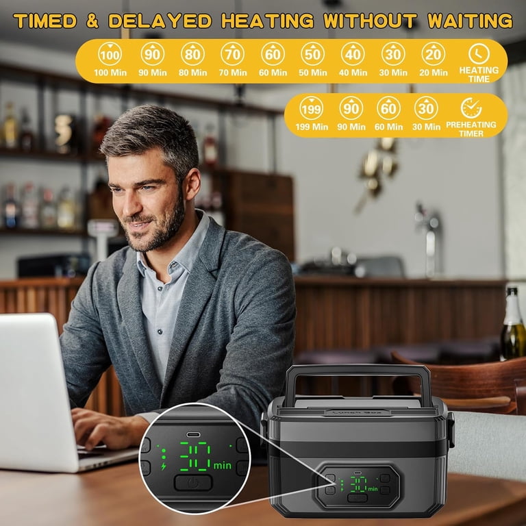 Elektrische lunchbox met batterij 14000 mAh 1L Draadloze verwarmde lunchbox voor volwassenen met automatische verwarmingsfunctie, USB verwarmde lunchbox, roestvrijstalen binnenbak - Geen bestek nodig