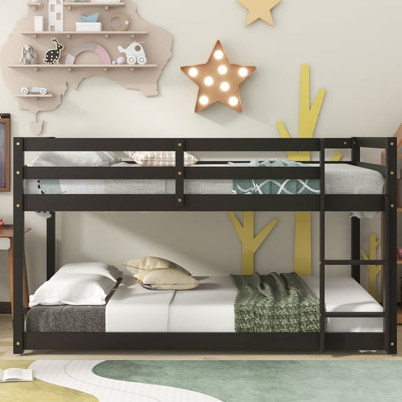 PORKISS Bunk Beds for Kids, Twin over Twin Floor Bunk Bed with Safety Rail and Ladder, Solid Wood Low Bunk Bed Frame for Boys Girls, No Box Spring Needed, Espresso
