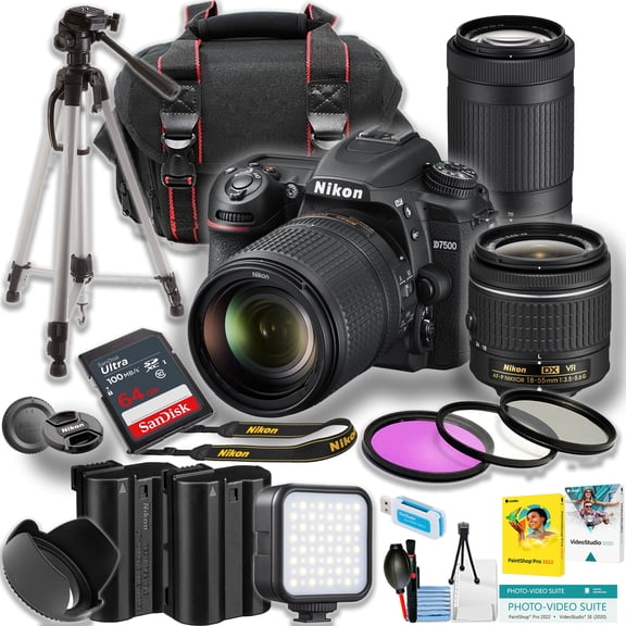 Nikon D7500 DSLR Camera w/AF-P 18-55mm and AF-P 70-300mm lens   64GB SanDisk Ultra Memory Card   50 Inch Tripod   Spare High Copacity Battery   More (21pc Bundle) (International Version)