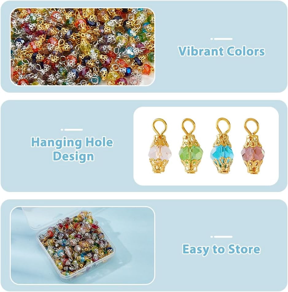 1 set 320pcs 6 Colors Dangle Charms Colorful Glass Pendants Glass Drop Bead Charm with Golden & Platinum Bead Cap for Necklace Bracelet Earring Jewelry Making