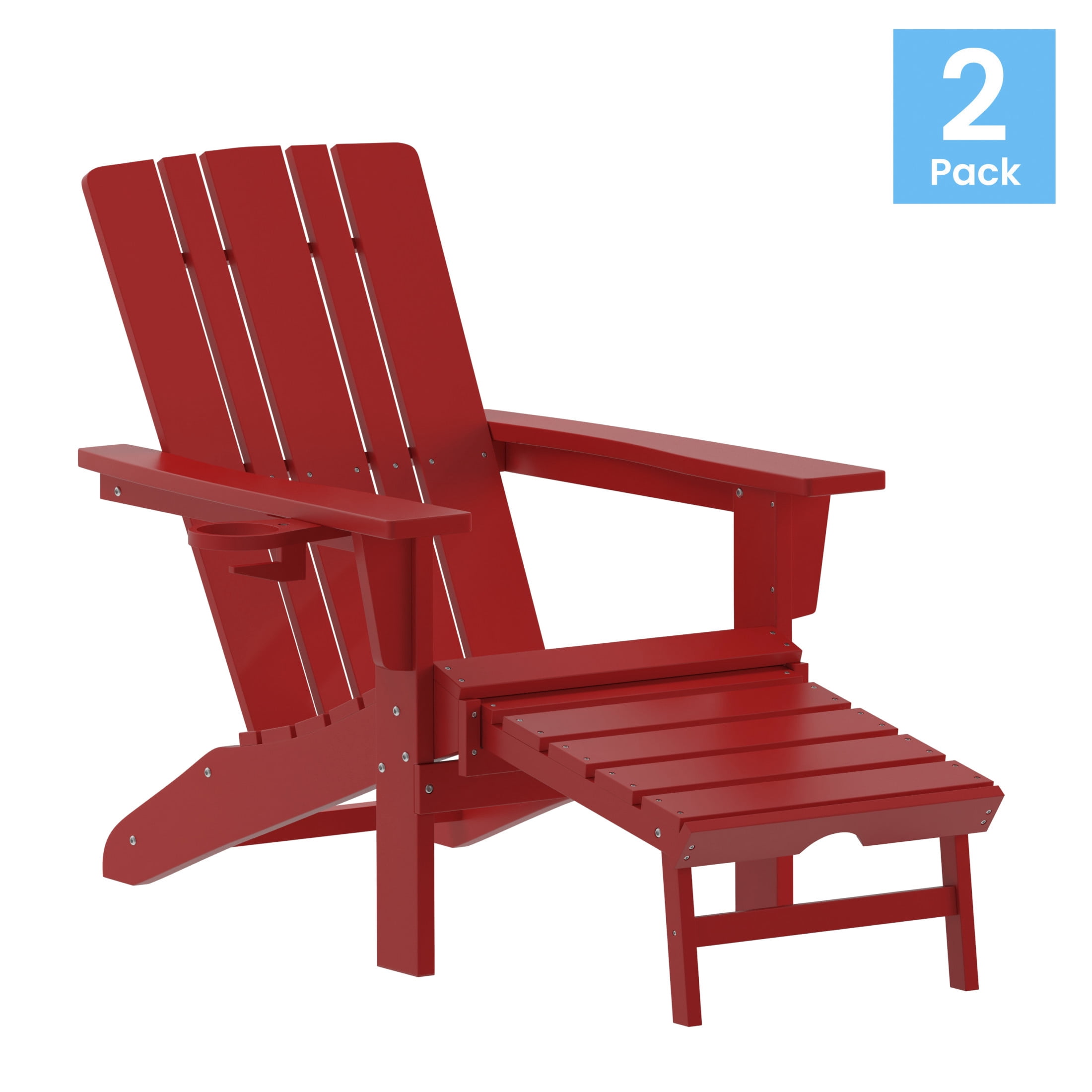 Flash Furniture Halifax HDPE Adirondack Chair with Cup Holder and Pull Out Ottoman, All-Weather HDPE Indoor/Outdoor Lounge Chair in Red, Set of 2