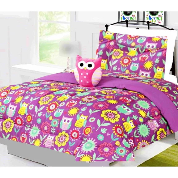 Purple Owl 6-Piece Reversible Supersoft Comforter Print Design Twin Size Bedding Set