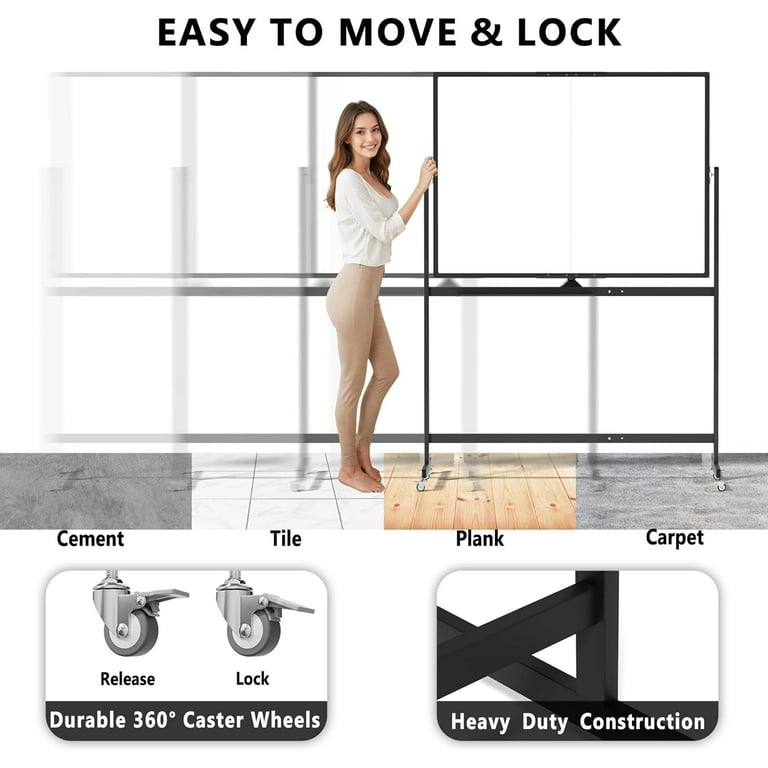 VEVOR 48 X 36 In. Rolling Magnetic Whiteboard Double-Sided Mobile Whiteboard Adjustable Height Dry Erase Board