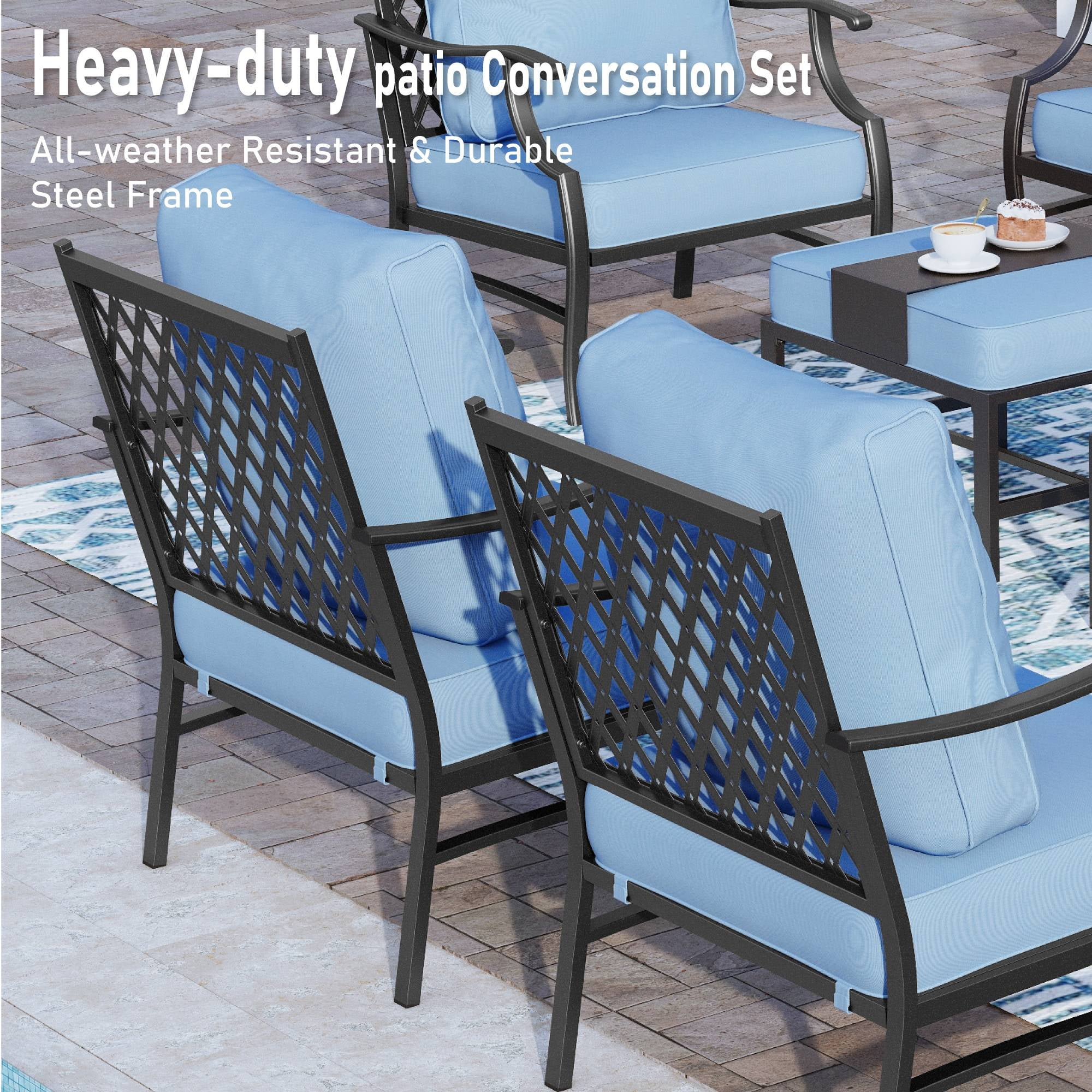 MF Studio 7-Seater Patio Conversation Set Metal Outdoor Furniture Set with Swivel Chairs and Ottomans - Blue
