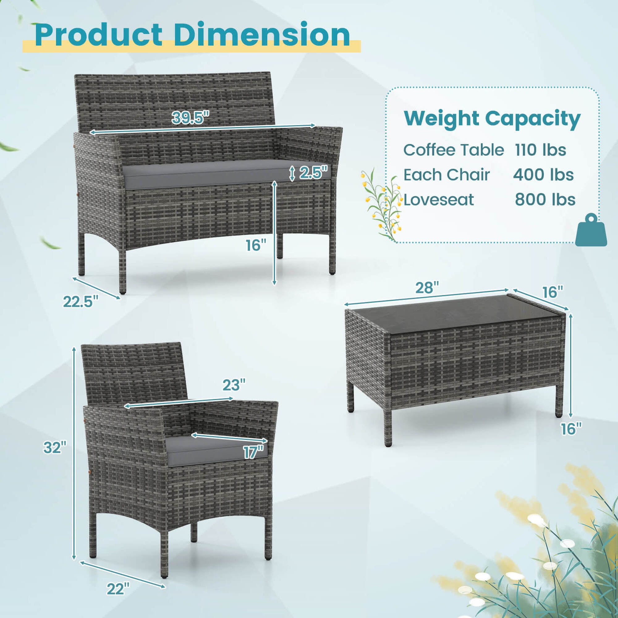 Costway 8 PCS Patio Furniture Set with Washable Cushions and Tempered Glass Coffee Table Gray
