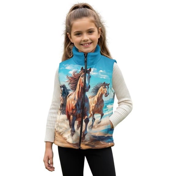 Uorisanigo Unisex Boys Girls Fleece Jacket Vest Beach Running Horse Puffy Warm Kids Vest Sleeveless Zipper Up Jacket Fall Winter Clothes, Soft Cozy Outwear Waistcoat 2-12 Years