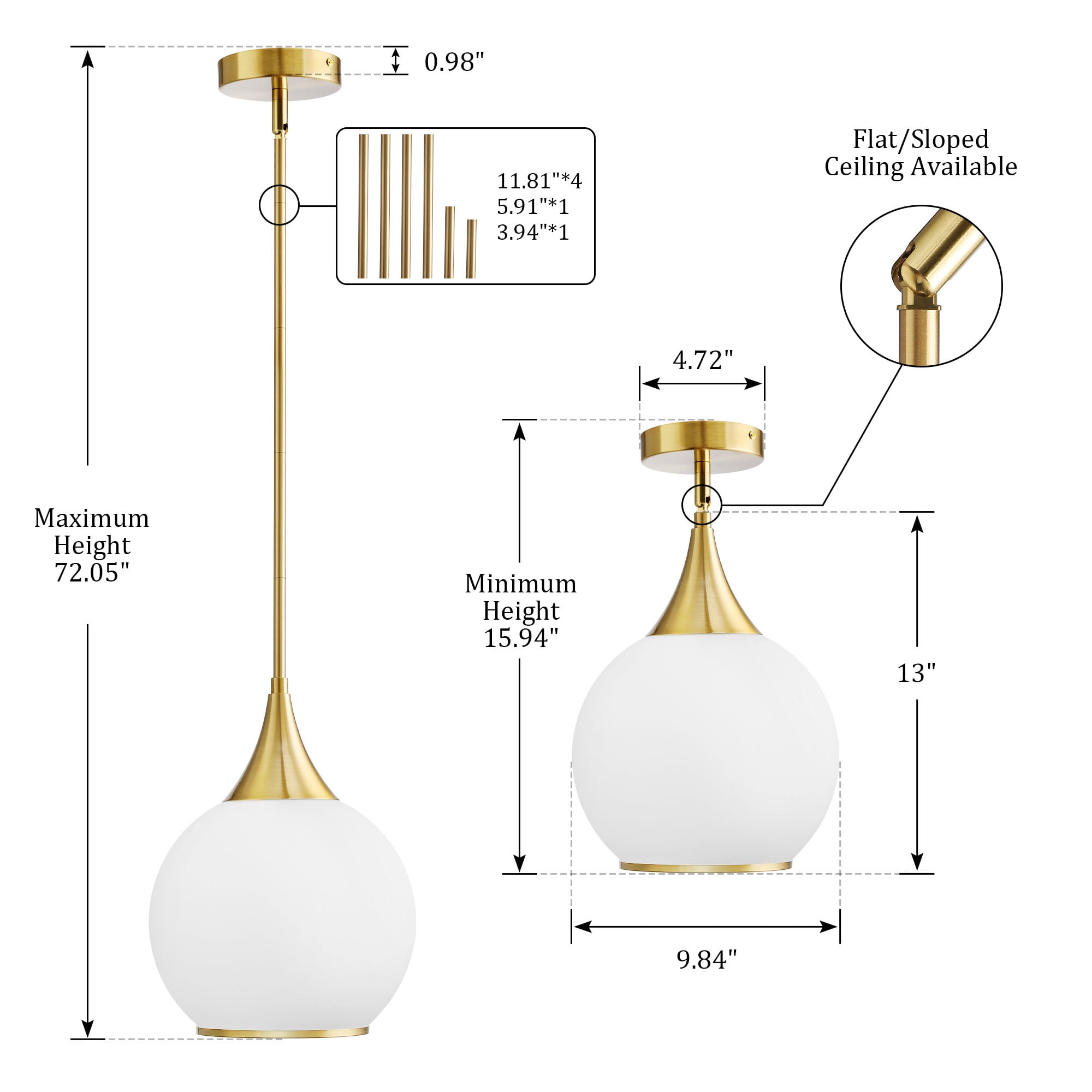 Modern Pendant Light Fixture Dimmable Kitchen Island Hanging Gold Ceiling Lights with White Glass lampshade