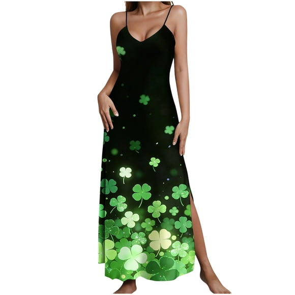 Women's Summer Casual Dress, V Neck Sleeveless Nightgown, Printed Sleep Dress for Women, Soft Flowy Long Skirt, for Vacation Beach, St Patricks Day Outfit Ideas