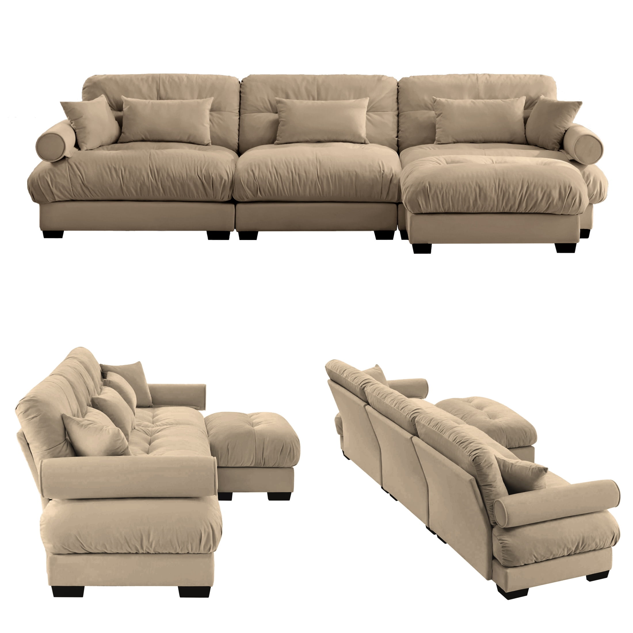Amuille 130" Modular Sectional Sofa Velvet L Shaped Cloud Couch with Movable Ottomans, Deep Seat Couch for Living Room, with Pillows, Camel