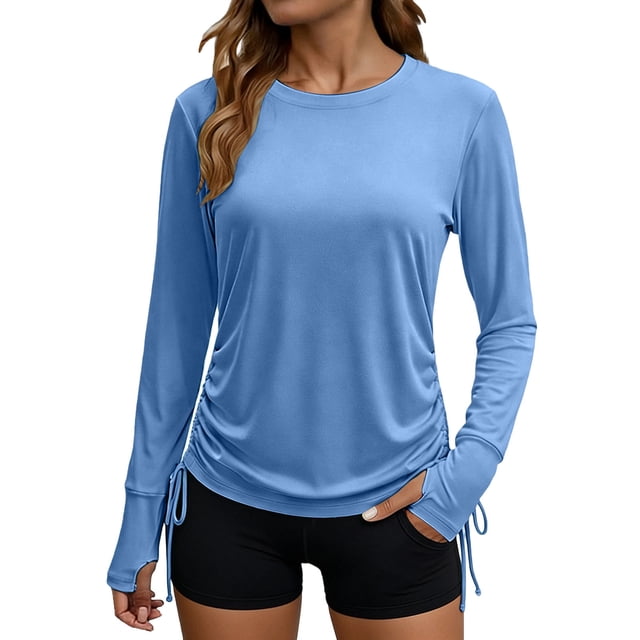 Craaazy Women's Relaxed Fit Crew Neck Blouse, Solid Color Long Sleeve Sun Protection Top, Side Ruched Comfy Casual Tee with Thumb Holes for Summer Gifts