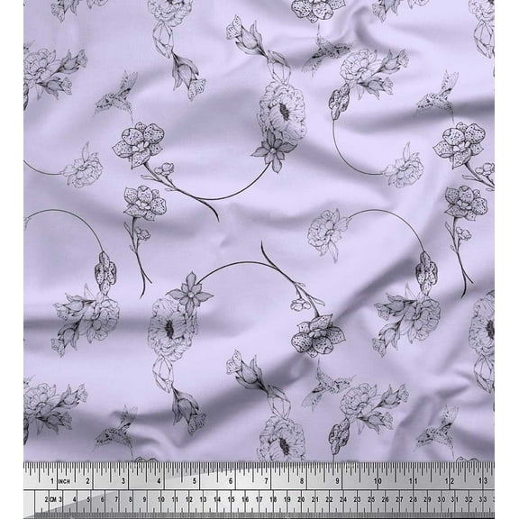 Soimoi Purple Cotton Duck Fabric Flower Floral Print Fabric by the Yard 44 Inch Wide