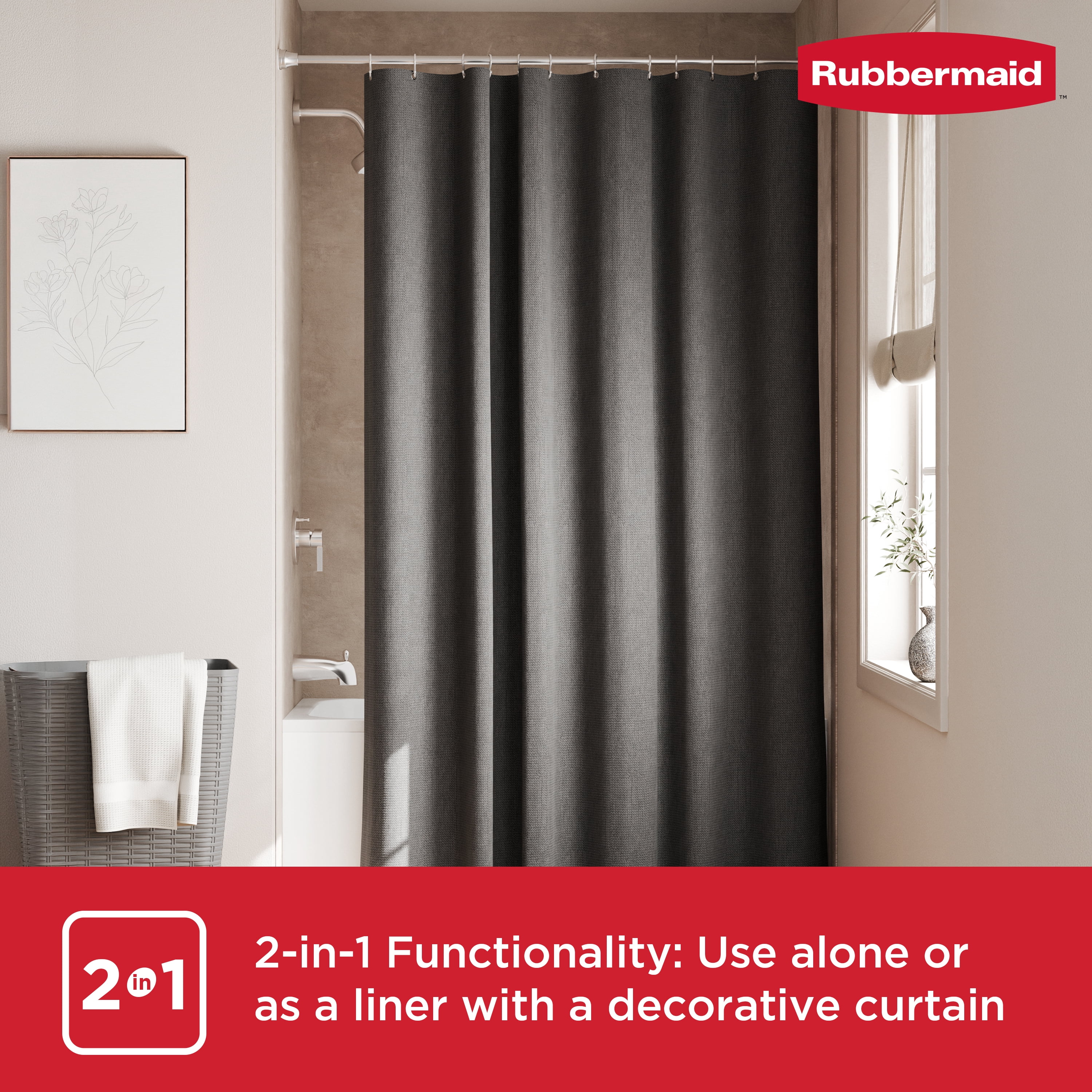 Rubbermaid Black Waterproof Fabric Shower Curtain Liner, 70" x 72"