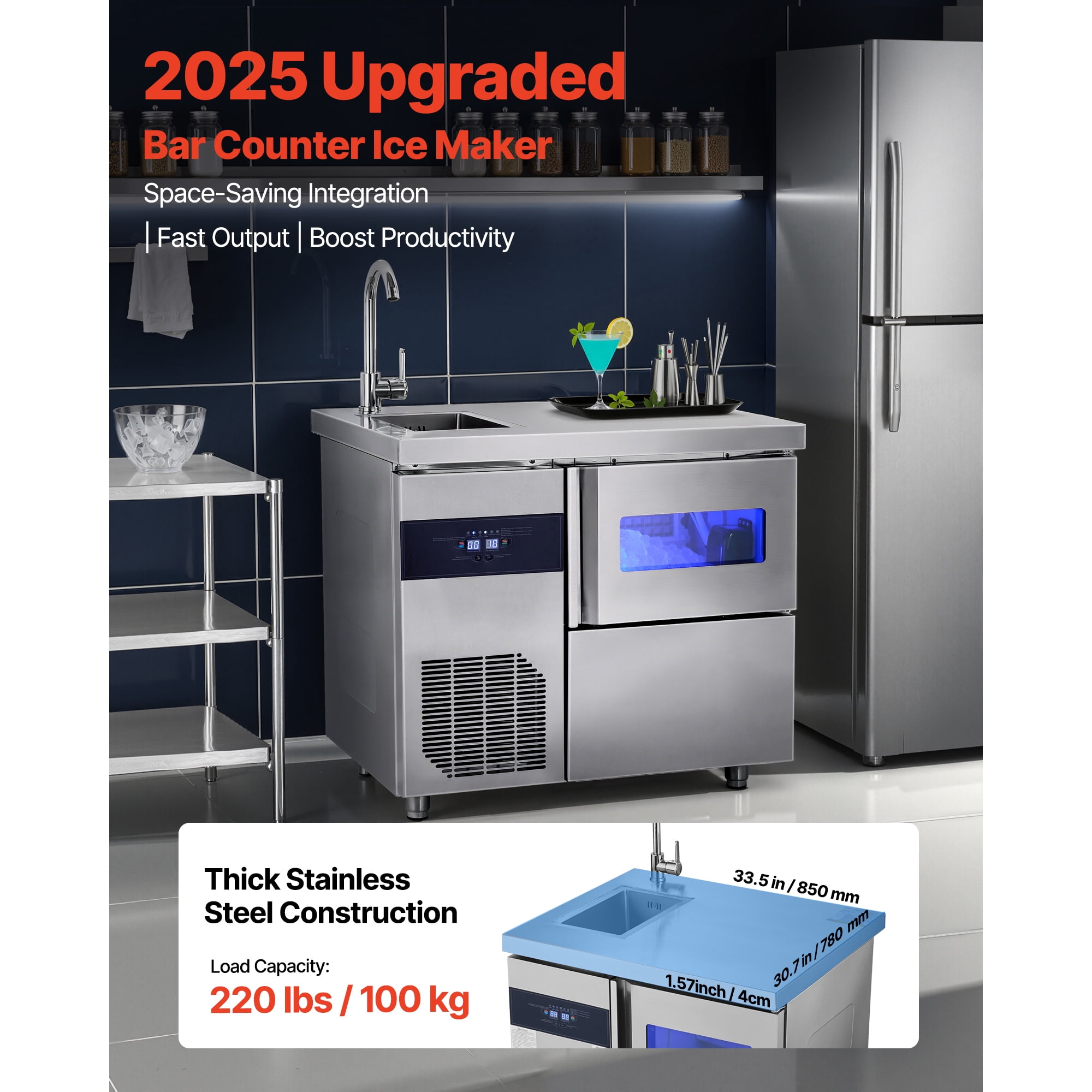 KFFKFF Commercial Ice Maker Machine, 132 lbs/24H Stainless Steel Ice Maker with Integrated Sink, 30 lbs Storage & 70 Cubes per Cycle, Self-Cleaning Freestanding Unit for Home, Bar, or Restaurant Use