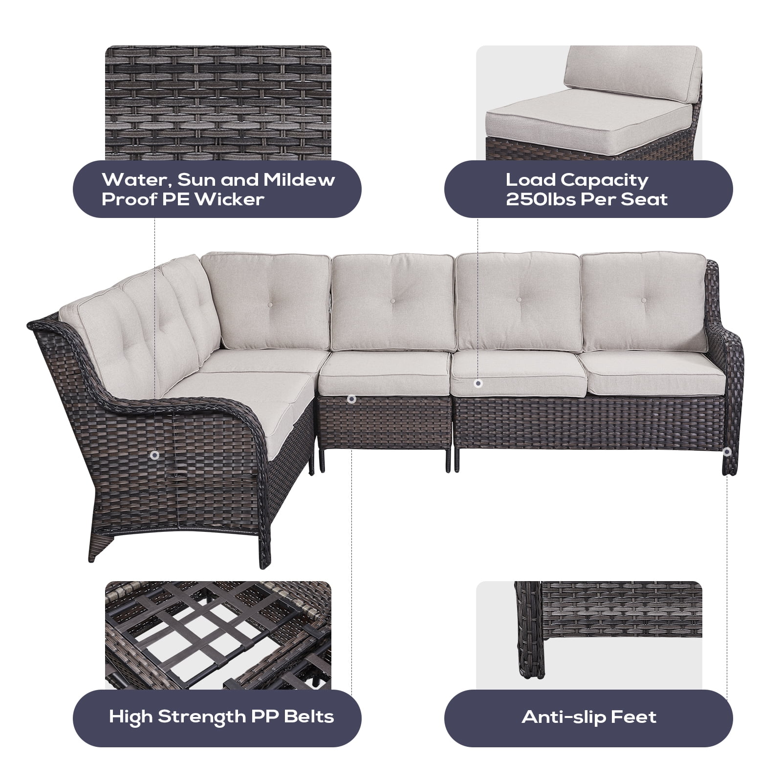 Gymojoy 6-Piece Outdoor Sectional Furniture Set,Wicker Patio Conversation Sets,L Shape All Weather Outside Couch Sofa Set with Swivel Chairs Ottoman,Brown