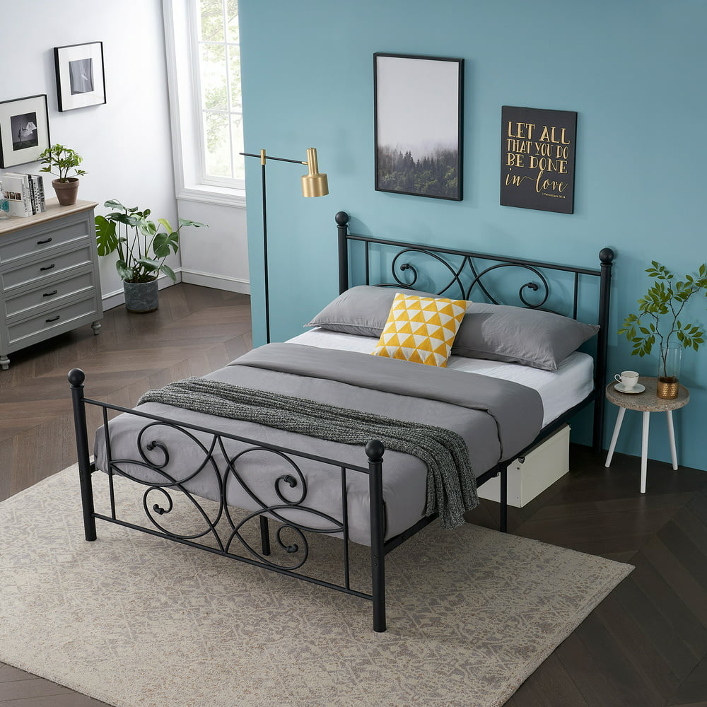 Queen Size Victorian Black Metal Platform Bed Frame with Headboard and