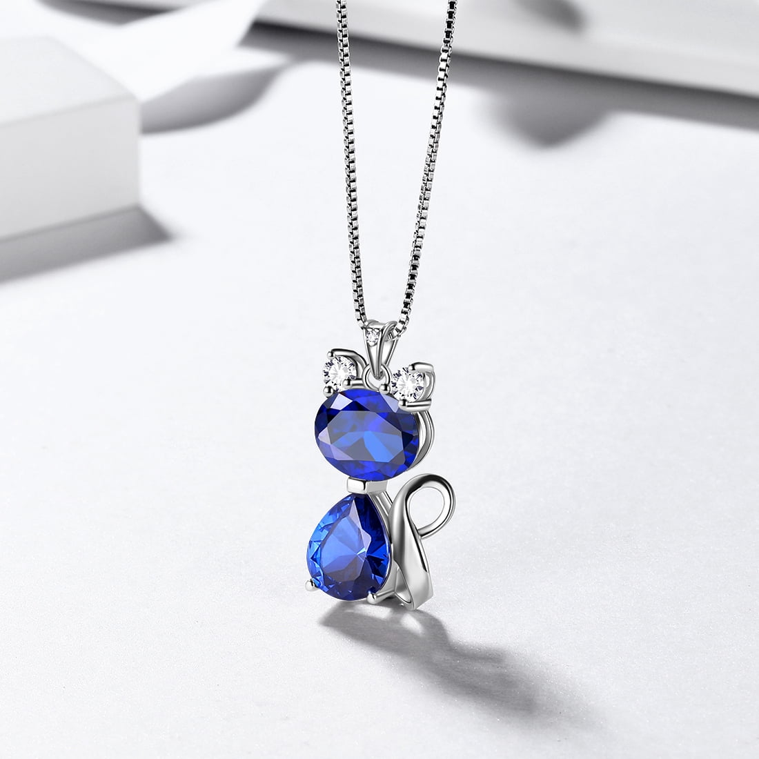Juwaliy September Birthstone Necklace Sapphire Blue Cat Pendant Charms 925 Sterling Silver Jewelry Women Daughter Wife Mother Christmas Birthday Gift