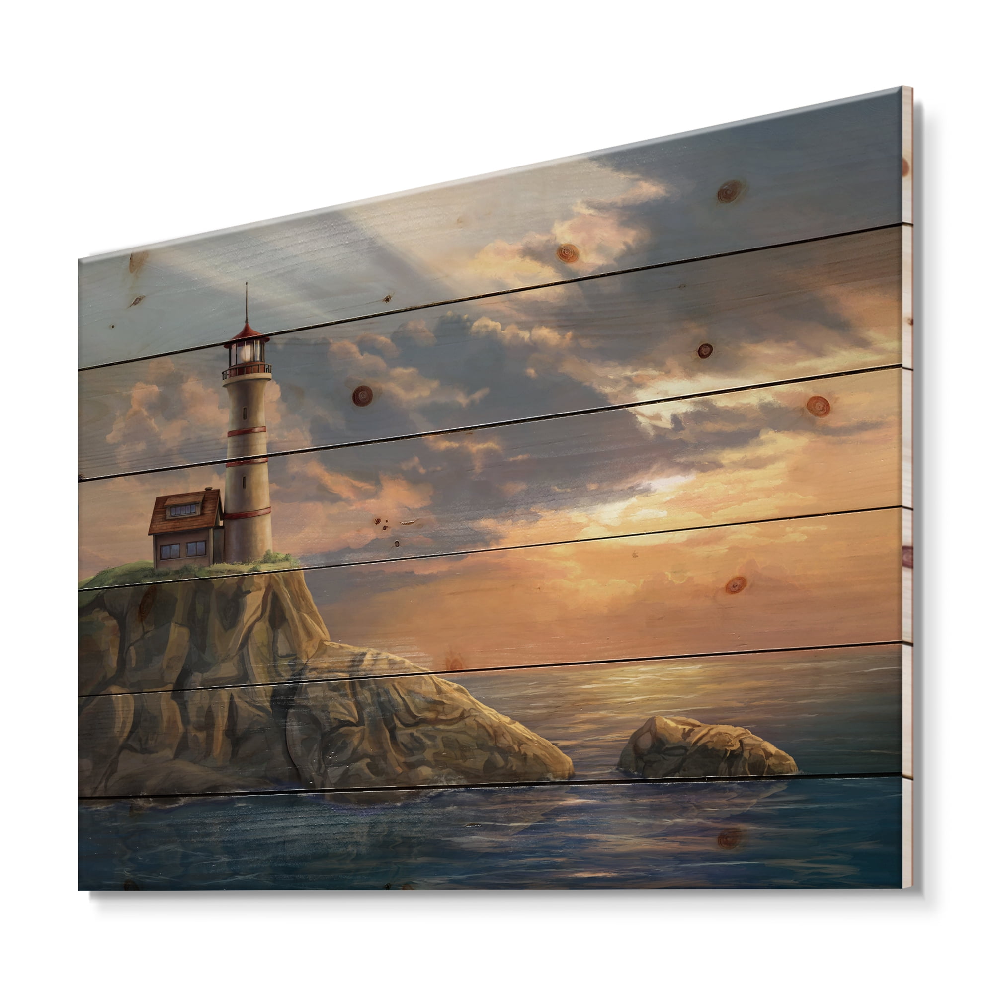 Designart 'Lighthouse On A Rocky Coastal Cliff At Evening Light' Nautical & Coastal Print on Natural Pine Wood