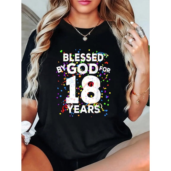 100% Cotton Blessed By God For 18 Years Shirt Happy 18th Birthday Shirt T-Shirt Women's Men's Graphic Tee Casual Tops