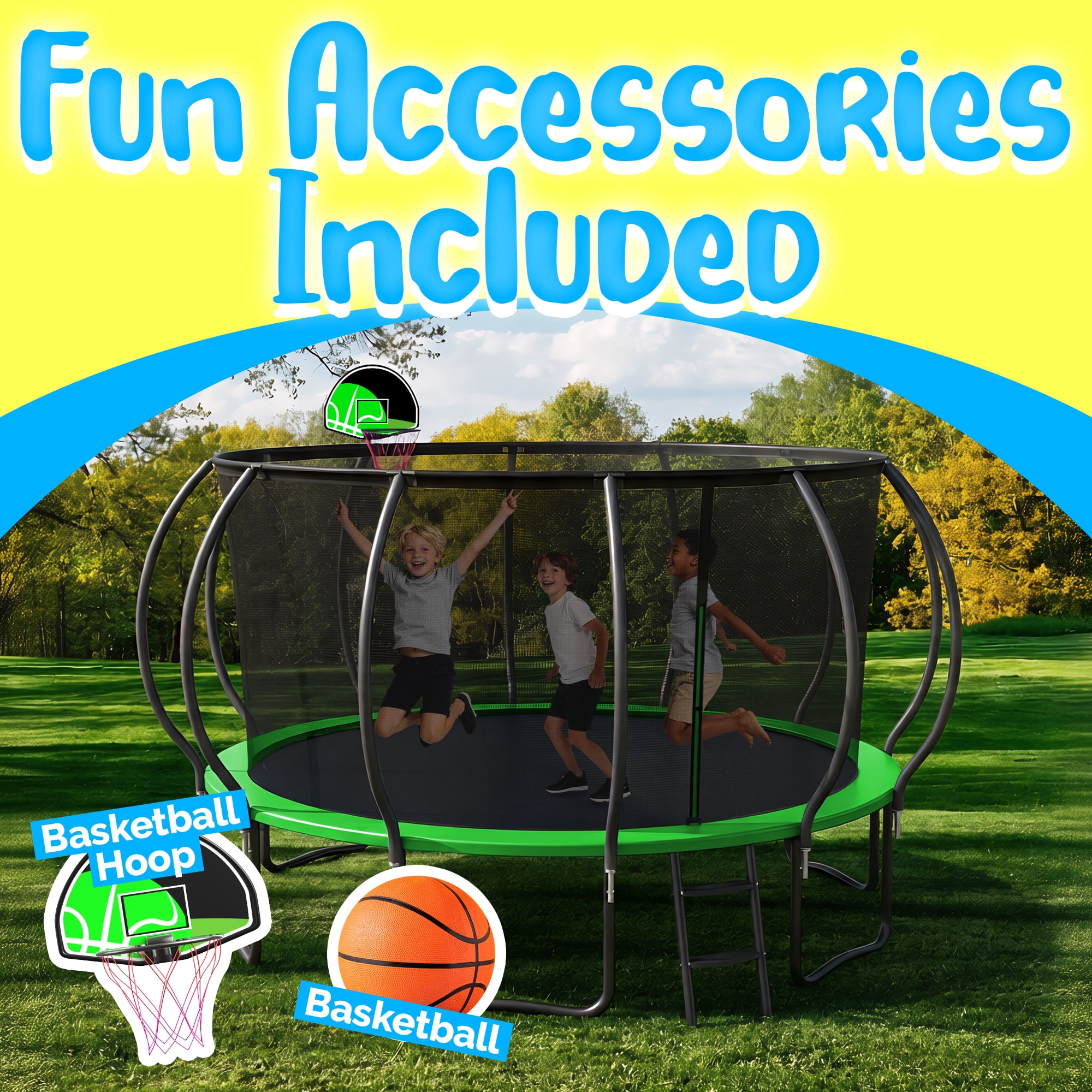 YORIN Trampolines Outdoor, 2026 UPGRADED 1200LBS 12FT Trampoline for 5-6 Kids Adults with Enclosure Net, Basketball Hoop, Ladder, Heavy Duty Trampoline for Adults and Kids, Birthday Gift
