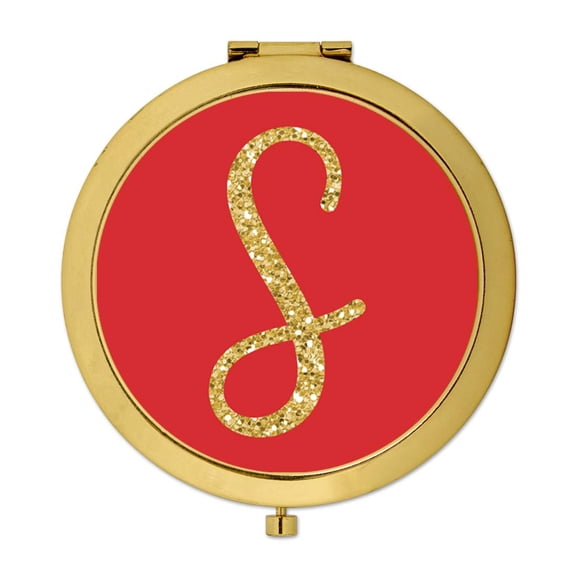 Koyal Wholesale Gold Compact Mirror Bridesmaid's Wedding Gift, Red with Faux Gold Glitter, Monogram Letter S, 1-Pack