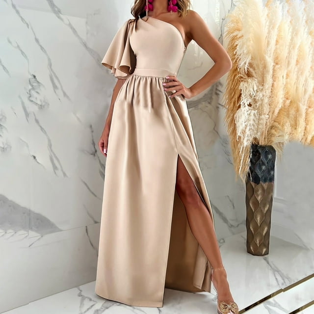 Robes Maxi pour Femmes 2023 Automne Couleur Unie Épaule Volantée Fendue Manches Courtes Robe en Liquidation