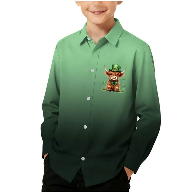 RXMEKW Chemise à Manches Longues Imprimée de la Saint-Patrick pour Garçons avec Col Rabattu, 95 % Coton 5 % Élasthanne, Vert