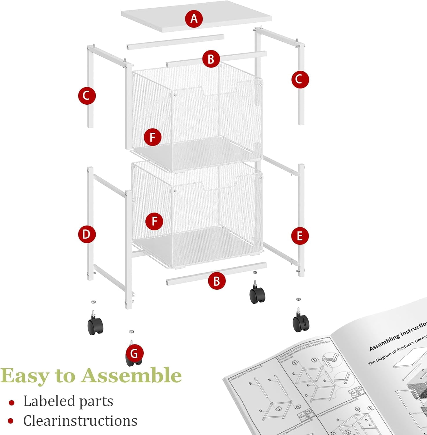 Rolling File Cart with 2 Storage Drawers,Under Desk Storage,Hanging File Folder Organizer with Wheels, Filing Cabinet Mobile Printer Stand Utility Craft Cart for Home Office,White