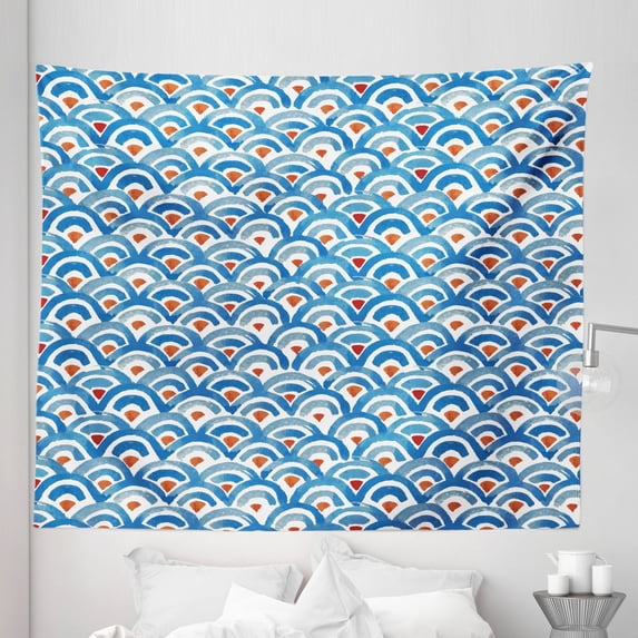 Japanese Tapestry, Watercolor Style Fish Skin Scales Pattern with Brushstrokes, Fabric Wall Hanging Decor for Bedroom Living Room Dorm, 5 Sizes, Slate Blue Rust and Ruby, by Ambesonne