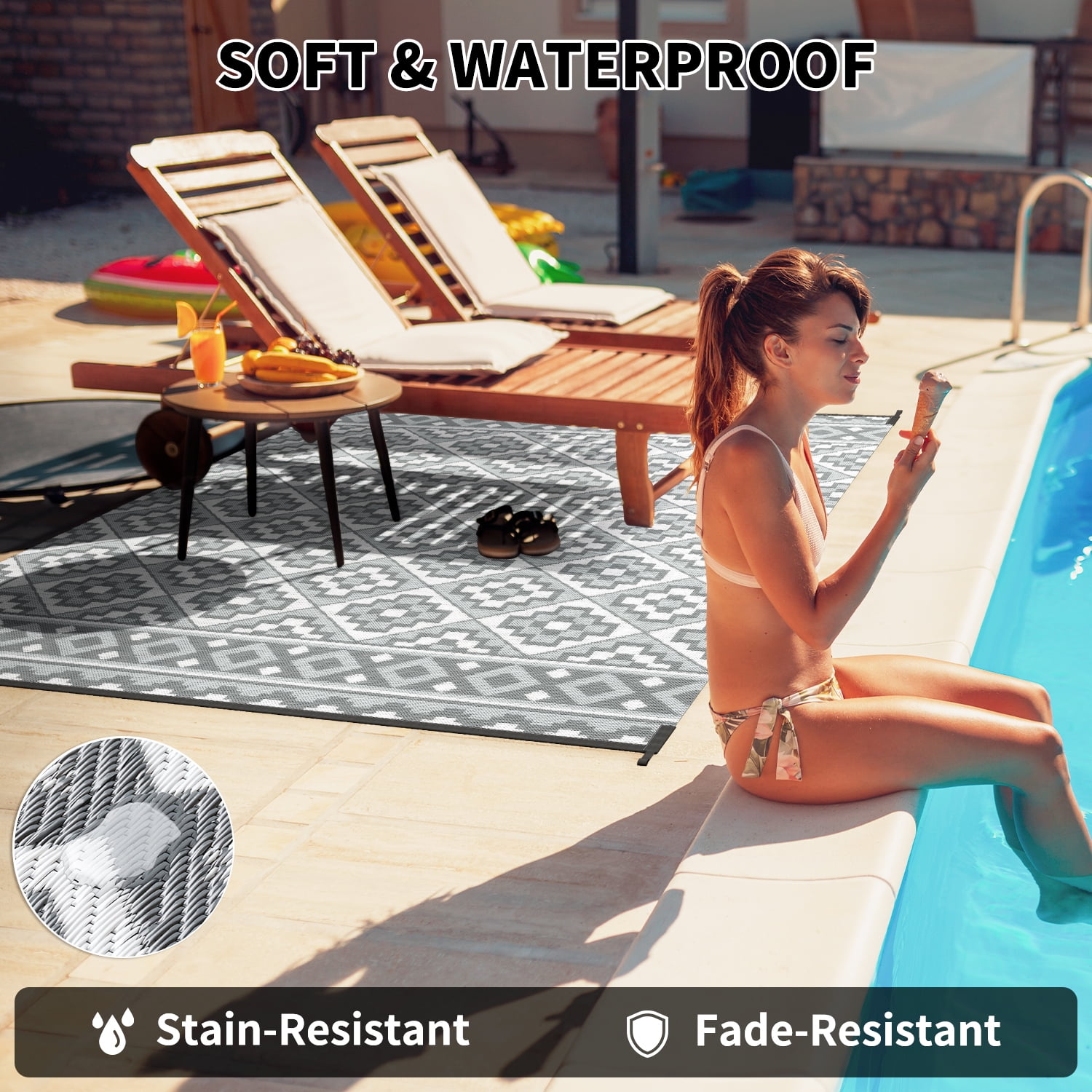 SIXHOME Outdoor Rug 9'x12' Waterproof Reversible Patio Rug Modern Lightweight Plastic Straw Indoor Outdoor Rug for RV Camping Deck Balcony Porch Boho Patio Decor Outdoor Carpet Light Gray