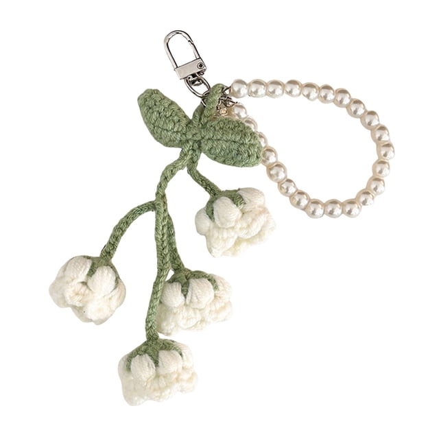 Llavero de flor de ganchillo hecho a mano con forma de flor y fruta, colgante para bolso con cadena de perlas de imitación, accesorio para niñas y mujeres, llaves y mochila.