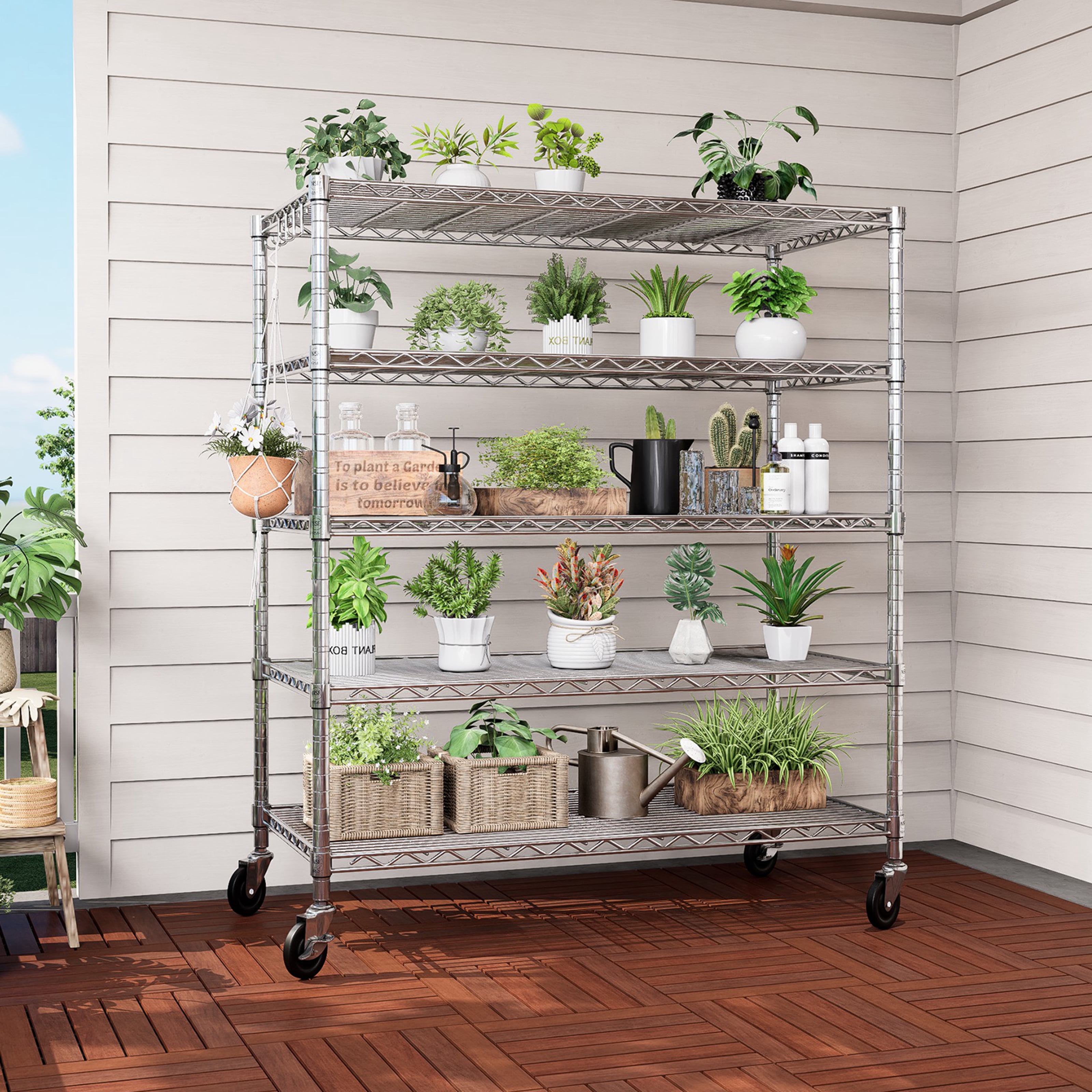 Prilinex 5-Tier Storage Shelves with Wheels 81"H x 48"W x 24"D Adjustable Wire Shelving, Wire Rack for Kitchen Pantry, Garage Shelving Unit Capacity 3000LBS, Chrome