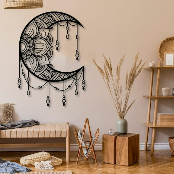 UGJSH Metal Moon Wall Decor, Moon Wall Art Metal, Mandala Wall Art, Wall Decor for Bedroom, Living Room, Office, Outdoor (Black, 17" W x 24" H / 43x60cm)